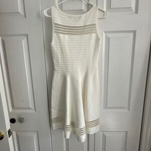 French Connection White Sheer Stripe Knit Fit Flare Dress Women's Size XS‎